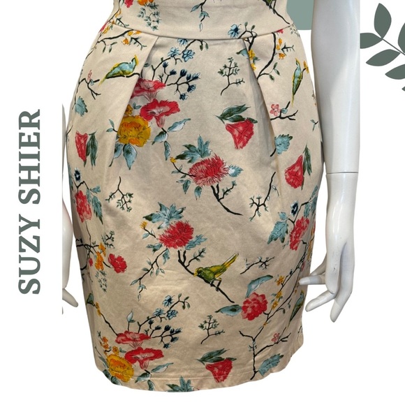 🛍️3/$40 Suzy Shier Sleeveless Floral Dress w Tie Waist Fitted Cream Print Small - Picture 6 of 8